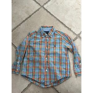 Ralph Lauren‎ Boys Plaid Button Down Shirt Orange Blue Green 3T Long Sleeve